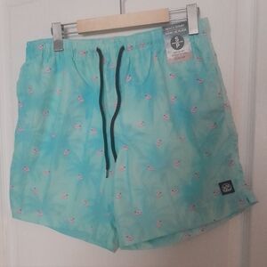 High-Waist Turquoise Swim Shorts with Flamingo Print